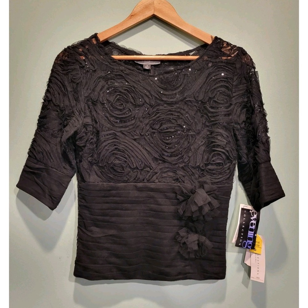 New Black illusion Mesh Sequin Fitted Rosette Formal Party Top KM Collections 6